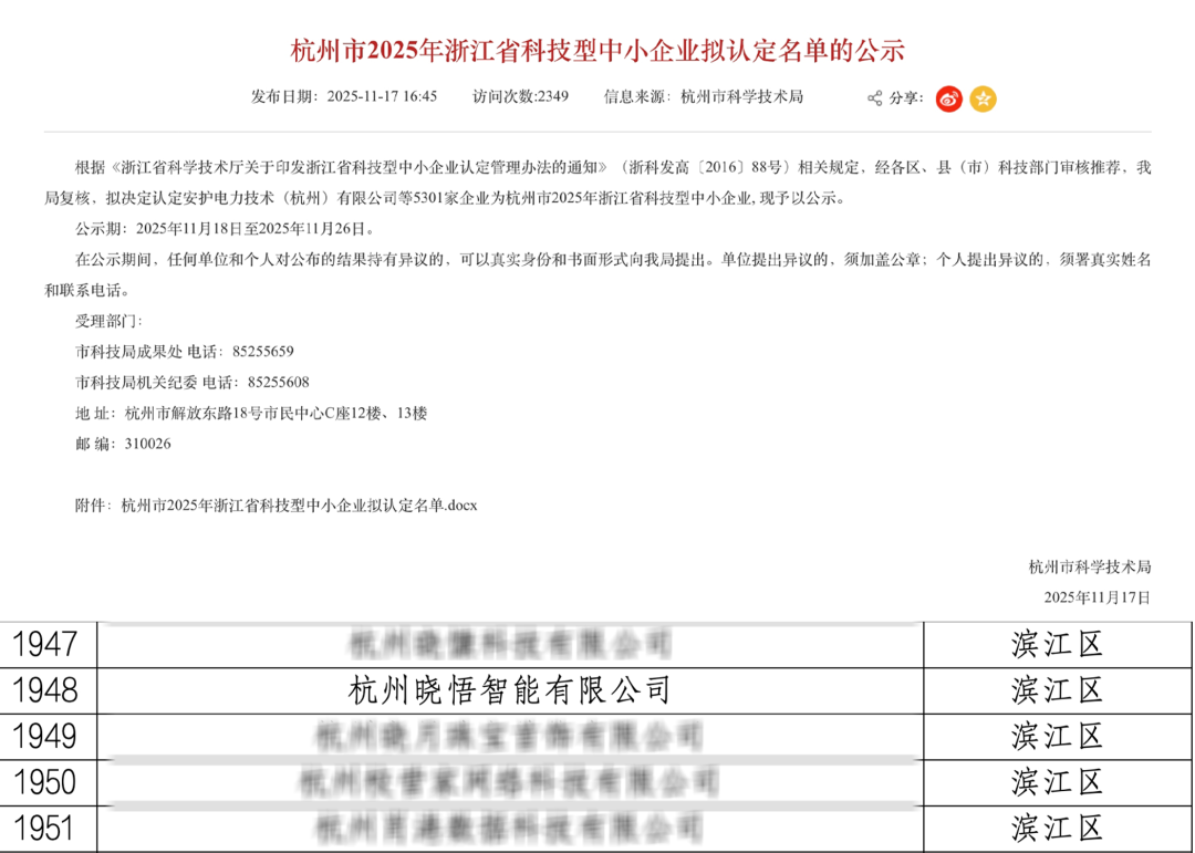 喜讯！晓悟智能成功跻身2025年浙江省科技型中小企业